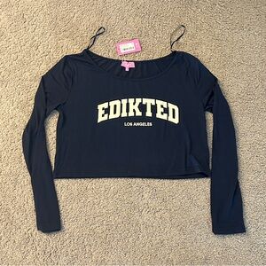 Edikted Navy Crop Off Shoulder Long Sleeve Top